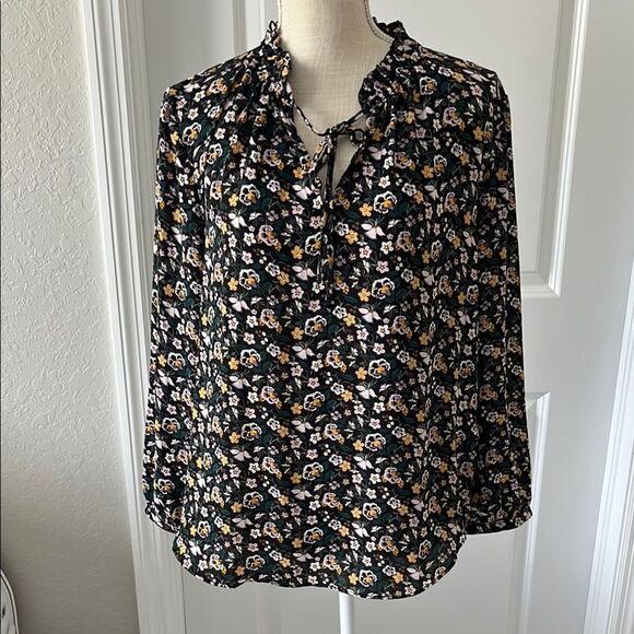 LOFT Multi Color Floral Tie Front Blouse with V Tie Collar SZ M - Picture 1 of 10